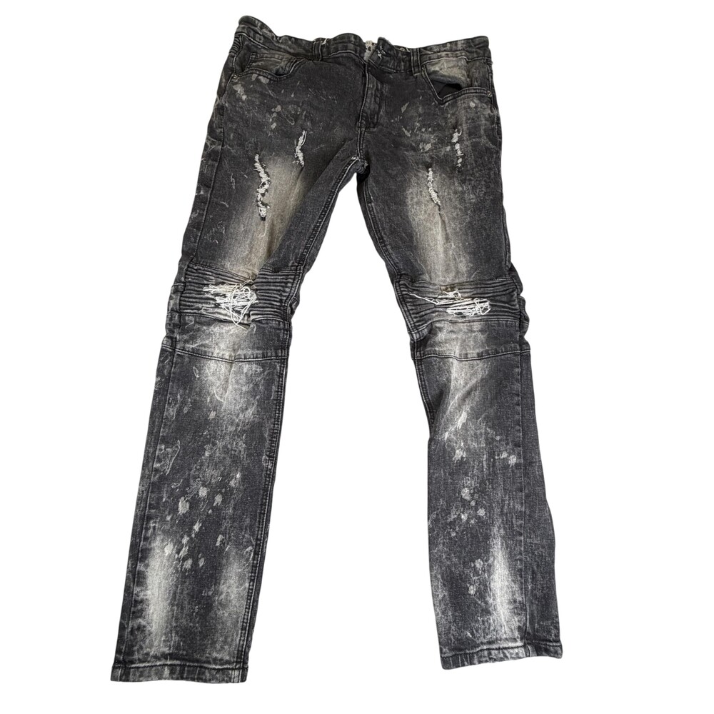 Kilogram Jeans Mens FITS 36x31 Black Acid Wash Skinny Slim Distressed Biker